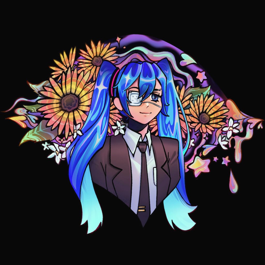 Monitoring Miku fanart with sunflowers and a black background