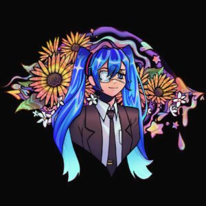 Monitoring Miku fanart with sunflowers and a black background